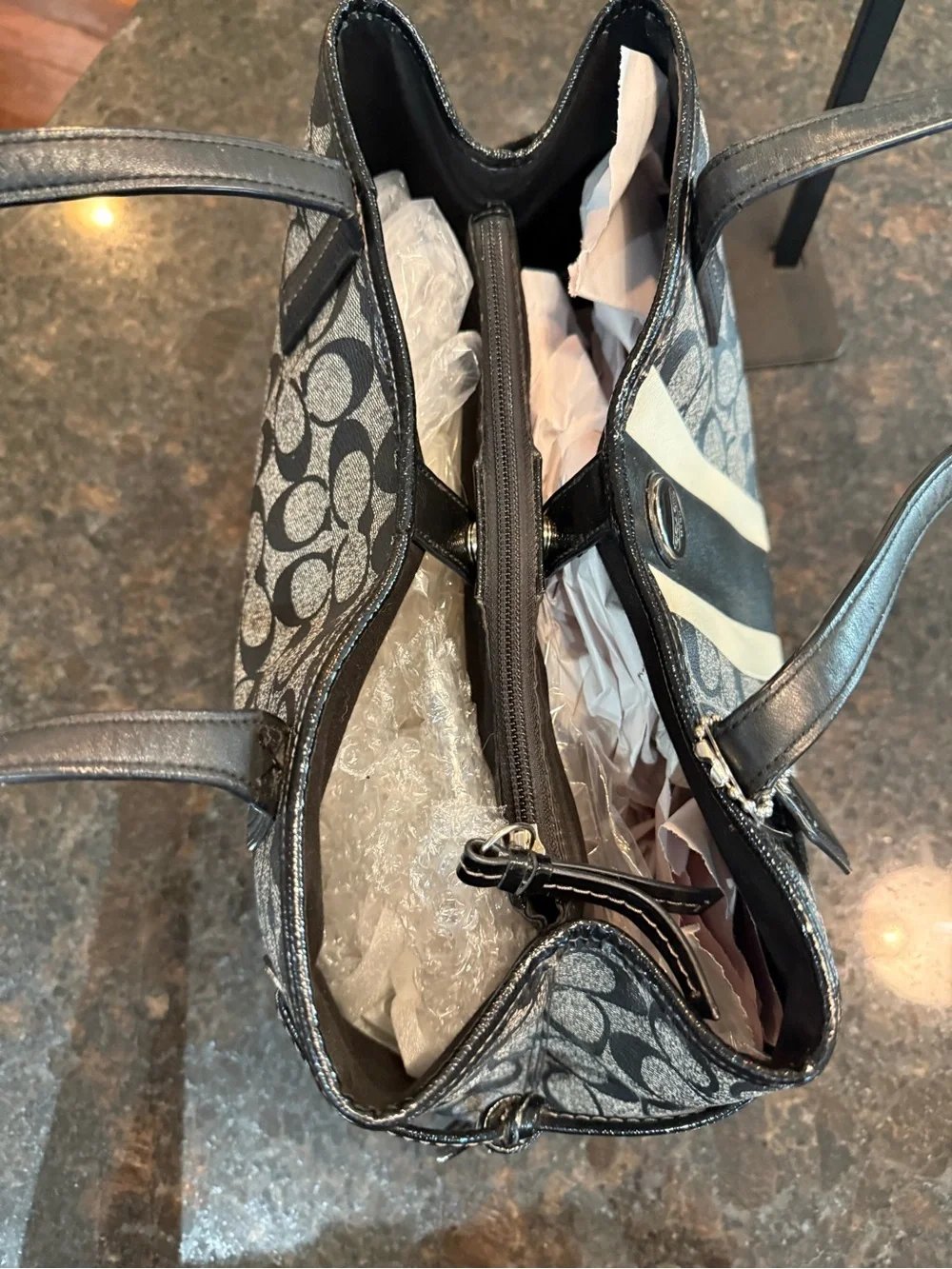 Coach Gray and Black Signature Stripe Tote